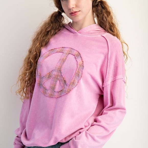 NEW EASEL CLOTHING WASHED TERRY KNIT PULLOVER PEACE HOODIE Pink SWEATSHIRT - Picture 10 of 10